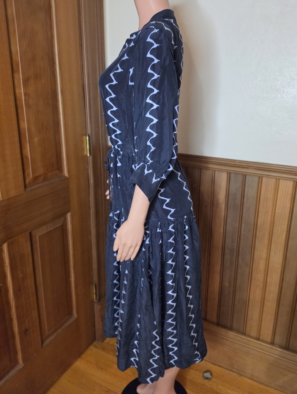 Apiece Apart Navy Zigzag Midi Silk Dress with Tie Waist 4 - Picture 8 of 10